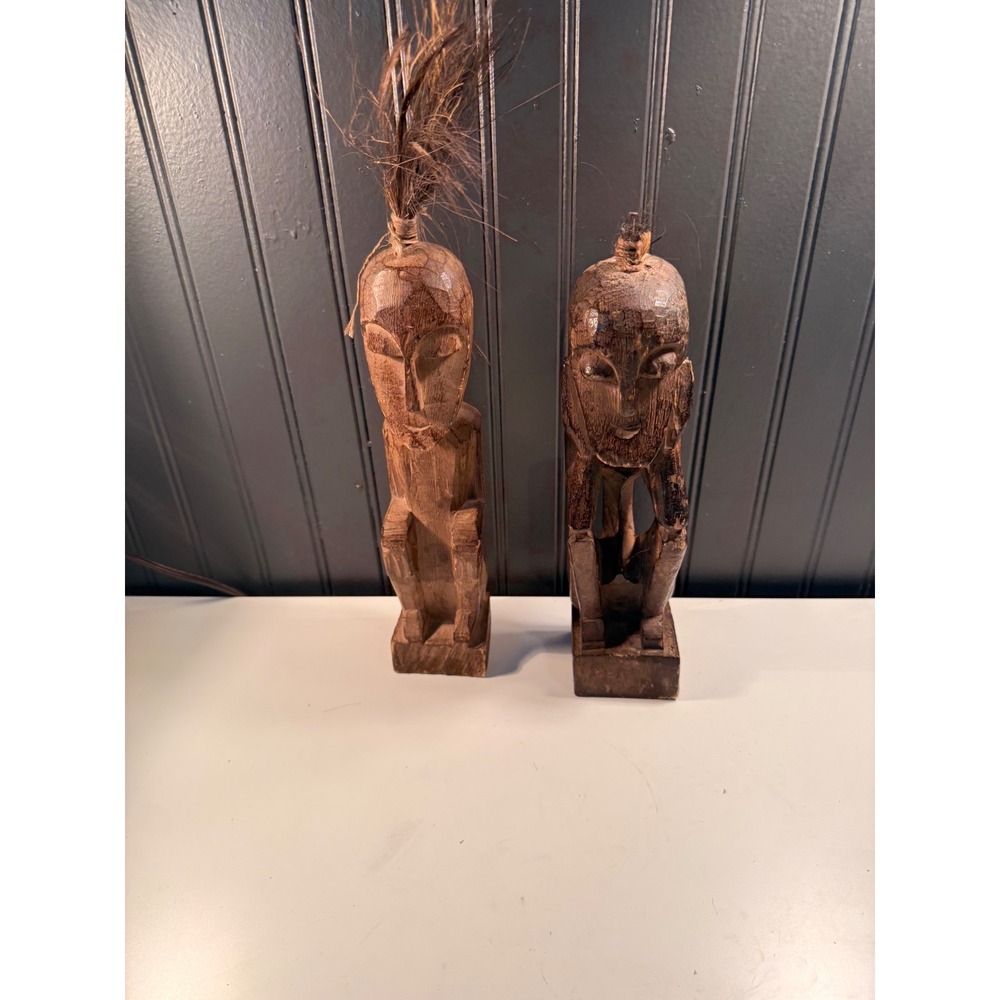 Vintage Hand Carved Wooden Tribal Figures Pair Primitive Folk Art Statues 12.5in